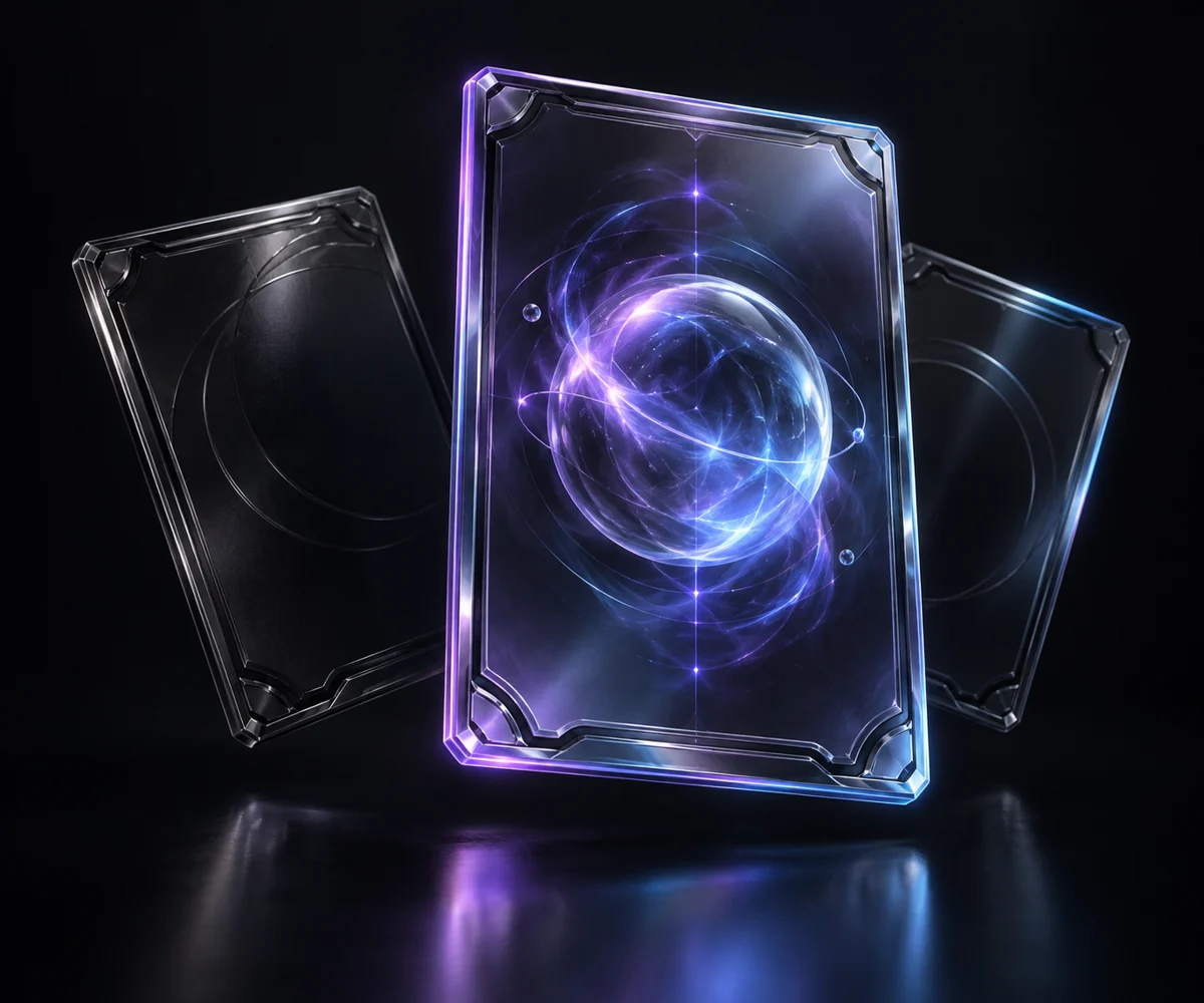 Three holographic trading cards in monochrome light